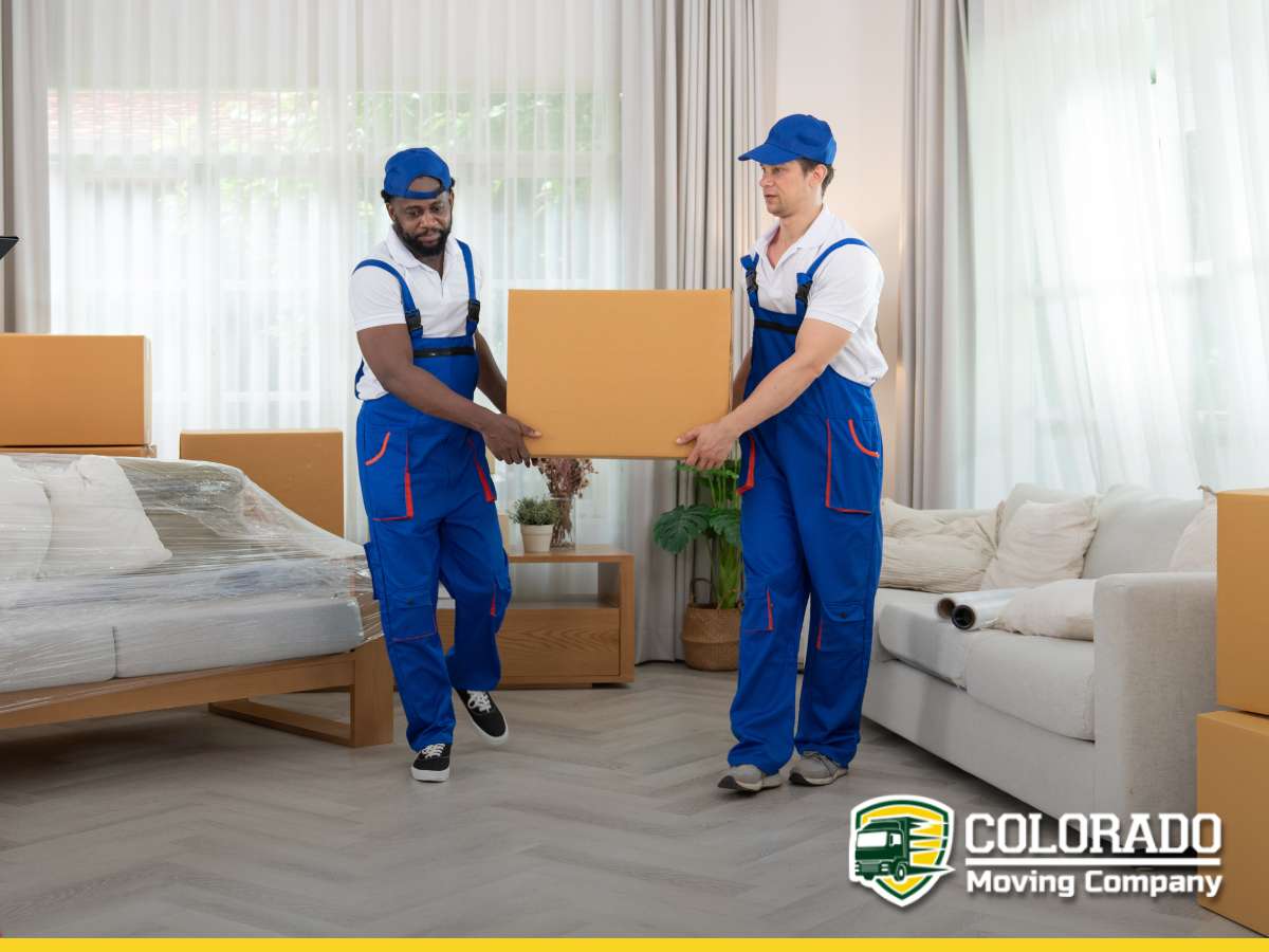 Professional movers handling boxes during a long-distance move for safe relocation